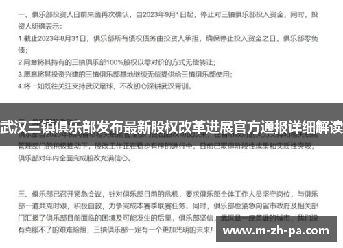 武汉三镇俱乐部发布最新股权改革进展官方通报详细解读