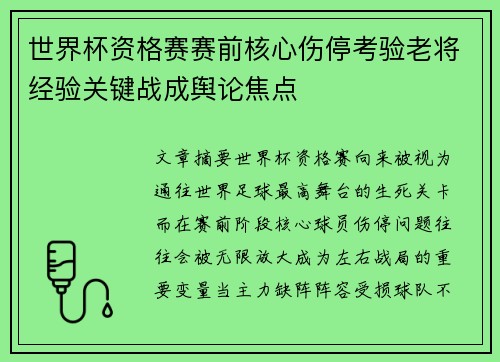世界杯资格赛赛前核心伤停考验老将经验关键战成舆论焦点